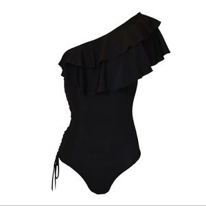 Empress Mimi black ruffle neckline 1 one shoulder lace up side swimsuit bodysuit